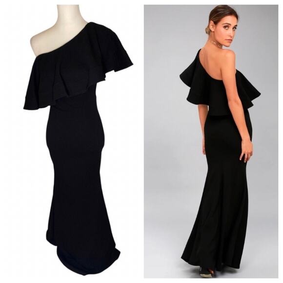 Lulus So Amazed Black One-Shoulder Maxi Dress Ruffle Small - Picture 1 of 6
